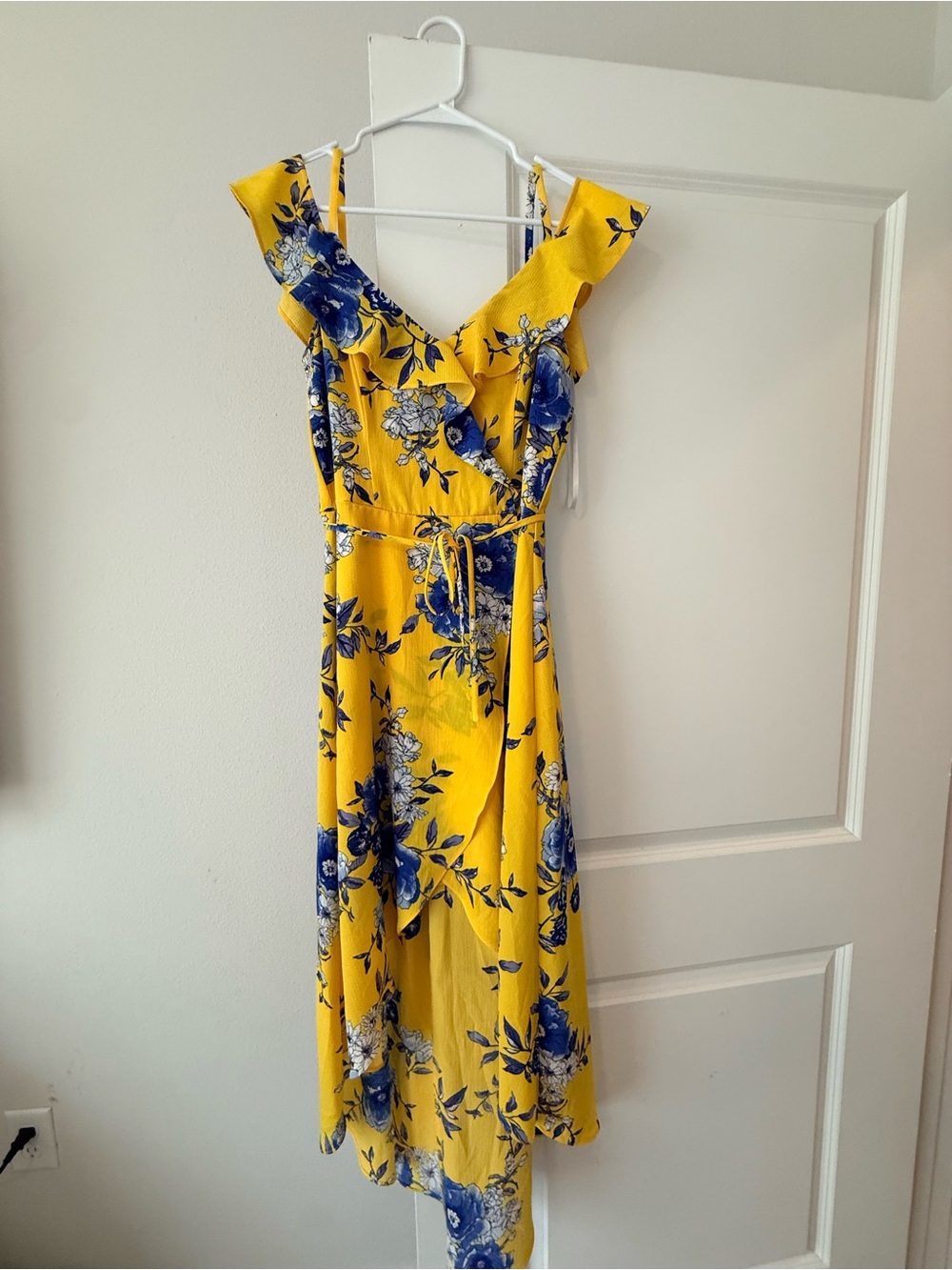 BCX Yellow Floral High-Low Wrap Dress with Blue Accents